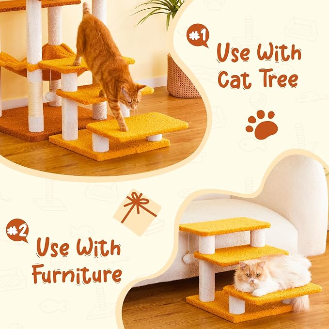 15''H Multi-Step Pet Stairs for High Beds & Sofas, 3-Step Cat Stairs with 2 Toy Balls, Wide Boards for Indoor Kittens Dogs Pets Climbing, Yellow