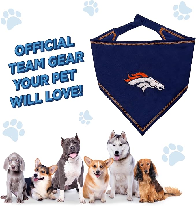 Pets First NFL Denver Broncos TIE Bandana, Large/X-Large. Dog Bandana Scarf Bib for Pet Cat Dog. The Ultimate Game-Day, Party Bandana (DEN-3550-L-XL)