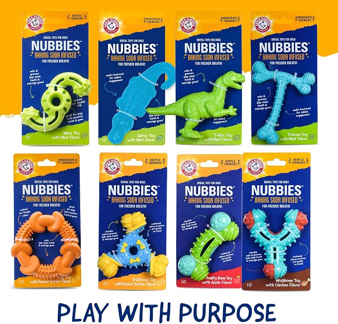 Arm & Hammer Nubbies TriBone Dental Dog Chew Toy, Peanut Butter, 24-Pk | Nylon and TPR construction, baking soda infused, reduces plaque and tartar buildup, ideal for moderate chewers