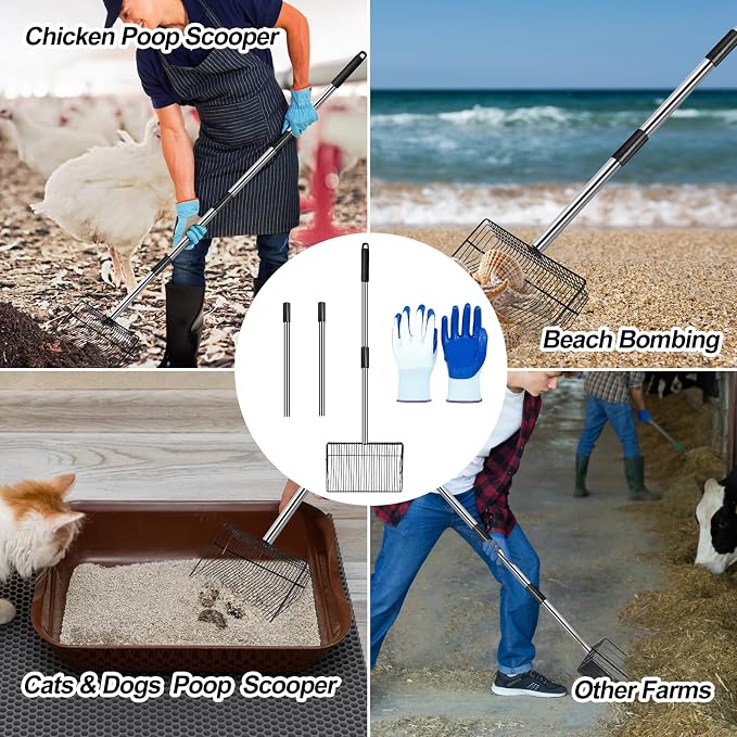 10 inch Large Chicken Poop Scooper for Sand for Shavings 74" Heavy Duty Pooper Scooper Long Handle Chicken Coop Scoop for Cleaning Tools and Rake 5-in-1 Sifting Shovel for Chicken Scoop supplies
