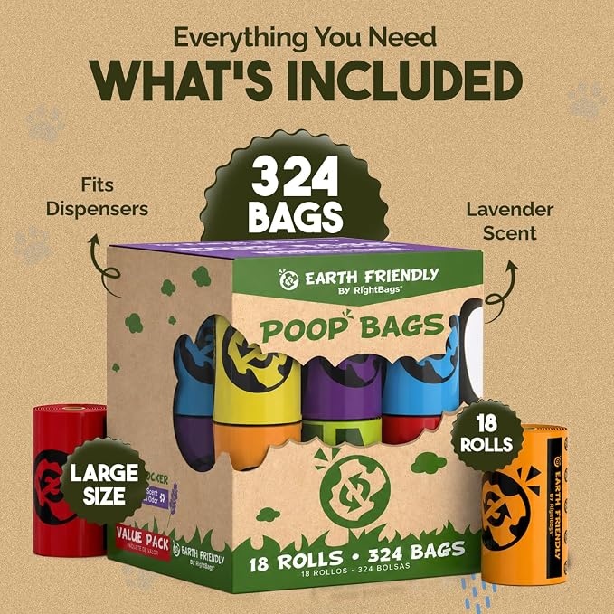 Earth Friendly Dog Poop Bags, 324 Count - Extra Thick, Leak-Proof, Lavender Scented Dog Poop Bags with Odor Blocker - Eco-Friendly, Tear-Resistant, 9x13 Inch Bags for Large & Small Dogs - 18 Rolls