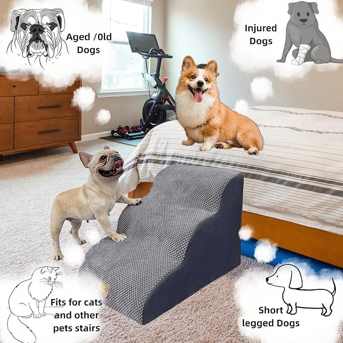 Non-Slip Dog Stairs to High Beds, 3-Step - Cats & Dogs, Grey (23.7*15.8*15.8 IN 33D)