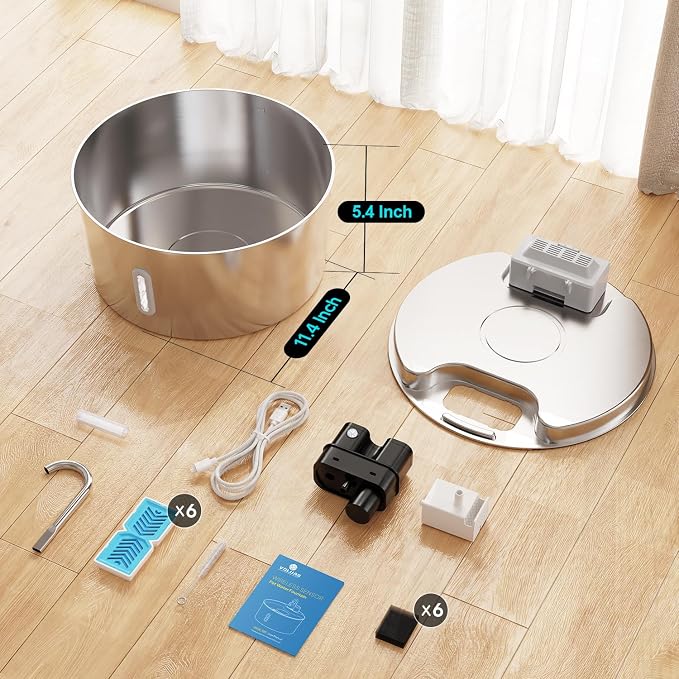 Voluas Dog Water Fountain: 1.8Gal/7L Wireless Stainless Steel Dog Fountain Bowl for Small to Large Dogs, Battery Operated Pet Water Dispenser Indoor with Ultra-Quiet Pump, Easy Clean, 6 Filter