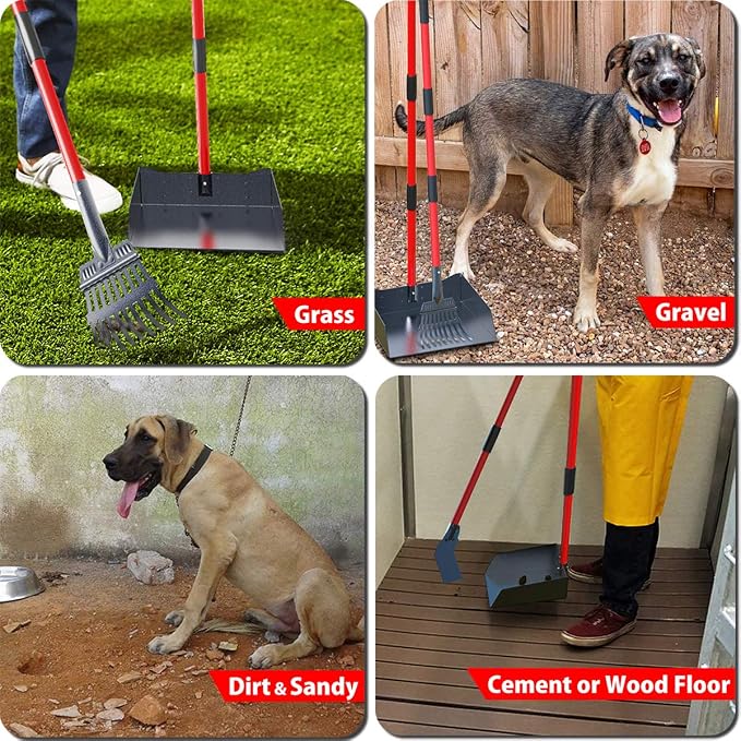 Larger Heavy Duty Pooper Scooper for Dogs-Rake, Spade,Tray Set with Long Handle,No Bend Down Easy Cleanup,Great for Yard Grass Gravel Dirt,Use for Large Small and Multi Dogs