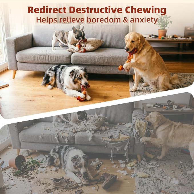 Dog Chew Toys for Aggressive Chewers, 3-Pack Tough Nylon | Dog Bones with Bacon Flavor for Medium & Large Dogs, Dental Cleaning, 3 Unique Shapes, Keeps Dogs Busy