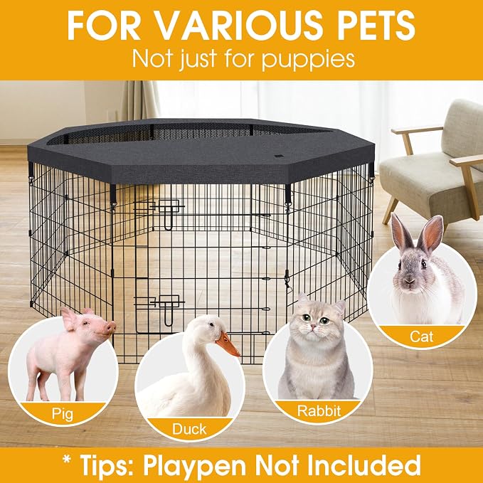 Dog Playpen Top Cover Only for 8 Panel 24 Inch Pet Playpen, Black Mesh Shade Cover for Small Medium Pets, Indoor Outdoor Use, Octagonal Shape, Fence Panels Not Included
