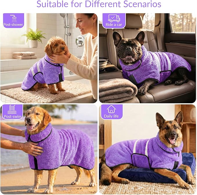 Bienbee Dog Bathrobe, Quick Drying Super Absorbent Pet Robes for Small Medium Large Dogs, Drying Coat for After Bath & Swim, Warm & Cozy Dogs Towels, Dog Puppy Bath Supplies, Light Purple S
