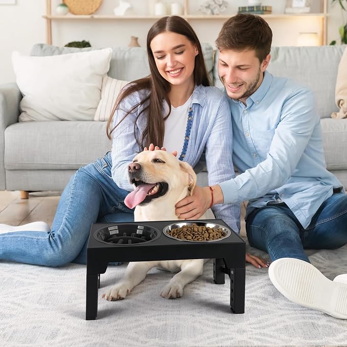 PAWISE Elevated Dog Bowls, Raised Dog Bowl with Slow Feeder Bowl & Stainless Steel Bowls, 5 Heights Adjustable Dog Feeding Bowl Stand for Small Medium Large Dogs, Food Dishes with Non-Slip Feet