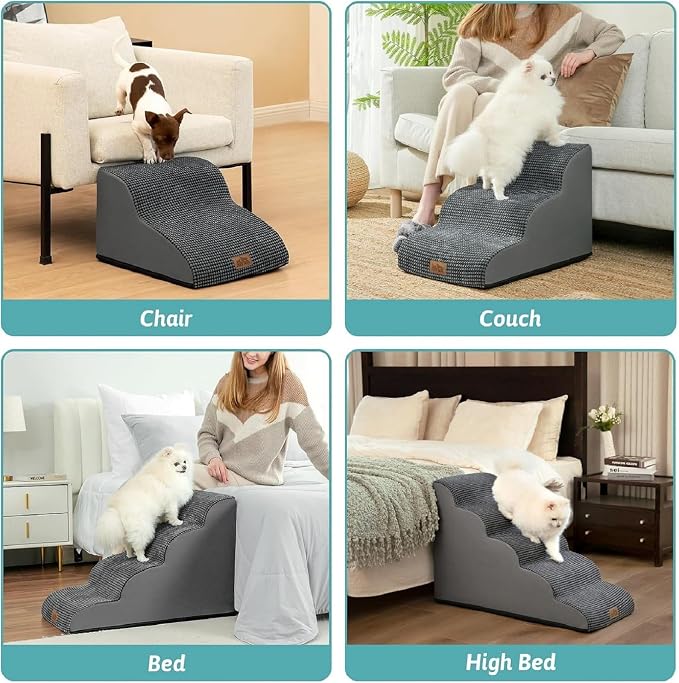 COZY KISS Wide Dog Stairs for Small Dog 19.7" H, 4 Step Pet Ramp for Bed | Curved Stable Dog Step for Puppy, Older Cat, Senior, Medium, Short-Legged Dog, Non-Slip Ladder, 17.7" Width, Charcoal Grey