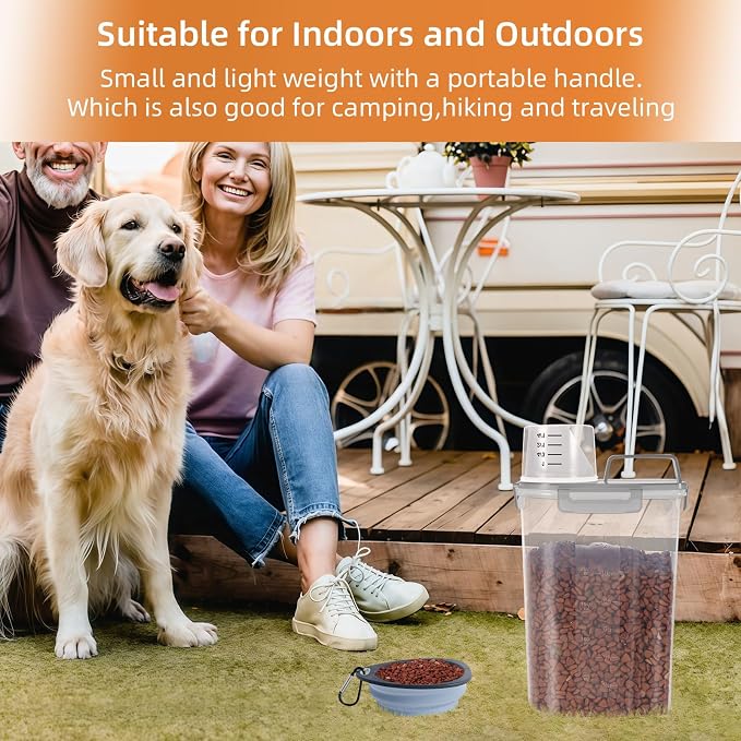LEAWALK 3-5Lbs/3Qt Dog Cat Food Storage Container With Foldable Bowl., Plastic Pet Food Dispenser for Small Animal Kibble/Pet Food/Bird Seed/Oatmeal/Rice/Flour/Brown Sugart/Cereals (Clear Grey)