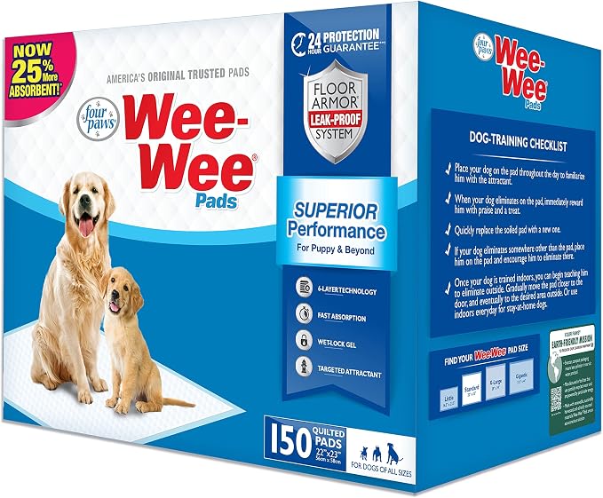 Four Paws Wee-Wee Superior Performance Unscented Pee Pads for Dogs & Puppies, Quilted Leak-Proof Dog Housebreaking Potty Training Floor Protection, 22" x 23", 10 Count
