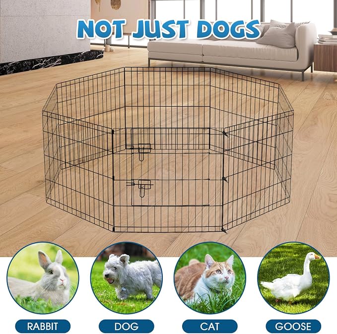 Artmeer Pet Playpen Puppy Playpen Kennels Dog Fence Exercise Pen Gate Fence Foldable Dog Crate 8 Panels 24 Inch for Pet Animals Outdoor Indoor with Top Cover (Black with Top Cover)