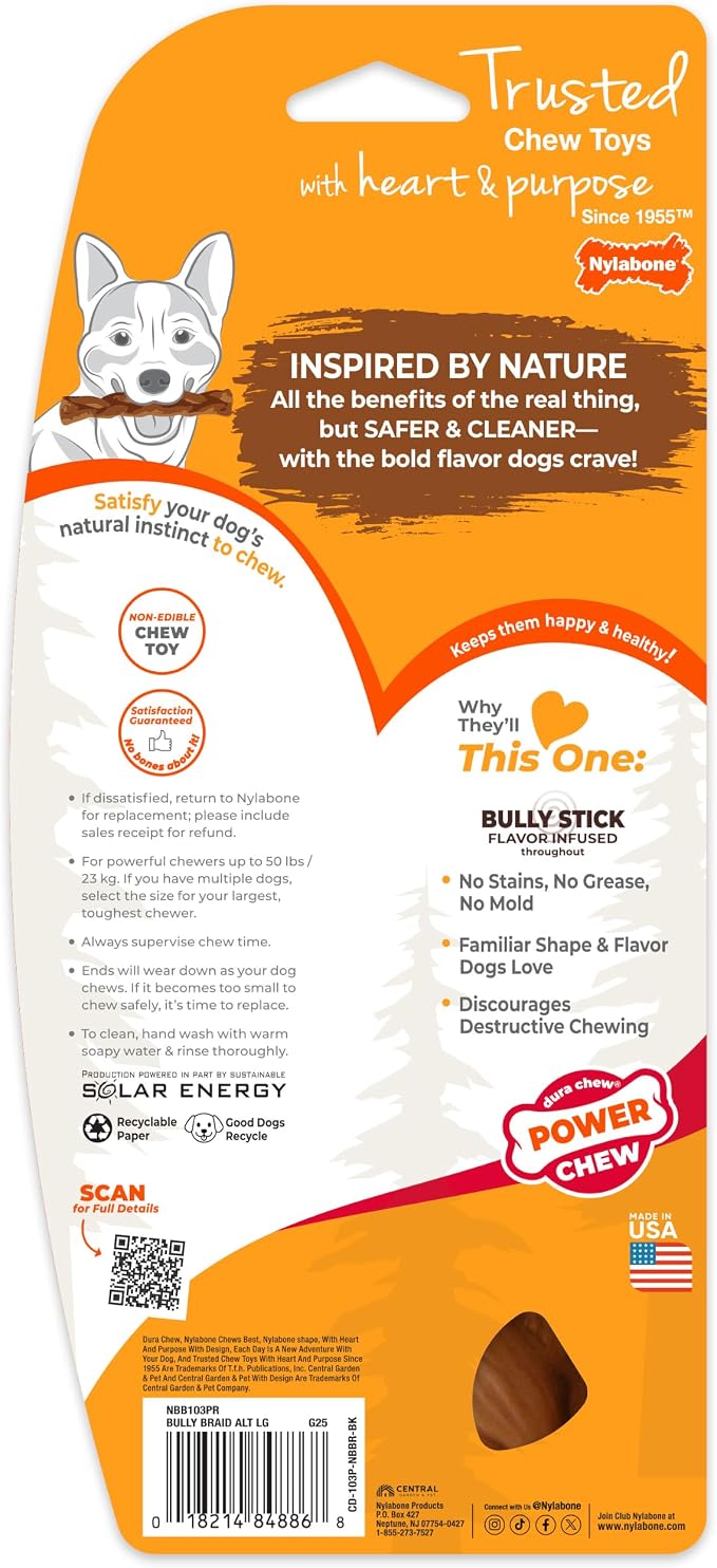 Nylabone Power Chew Braided Bully Stick Alternative Dog Chew Toy, Large | Bold bully stick flavor, no odor, durable dog toys for aggressive chewers, long lasting, for large dogs up to 50 lbs