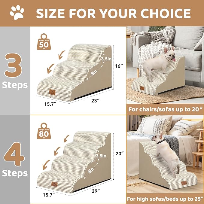 Zerbuger Dog Ramp and Stair for Bed 16" H-20 H,3-Step Cat Stair for Sofa and Chair,4-Step Dog Ramp for High Bed and Window,Durable Nonslip Fabric Cover for Indoor (Beige-16 H, Pet Friendly, 3)
