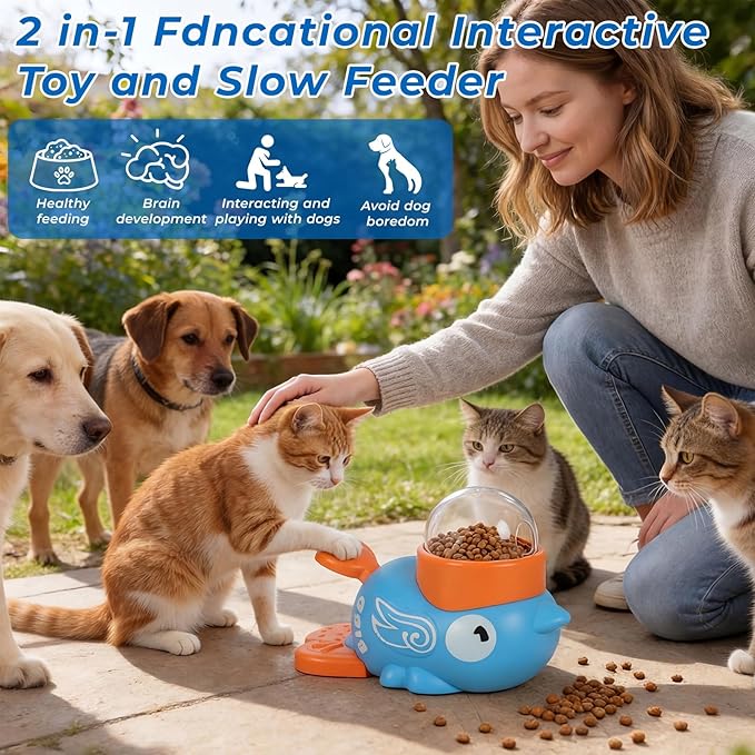2-in-1 Duck Shaped Interactive Dog Toy Food Puzzle Slow Feeder (White/Blue Duck Shaped with Button), cat Snack Dispenser, Reduces Bloating in Small Animals, Dog Puzzle Feeder