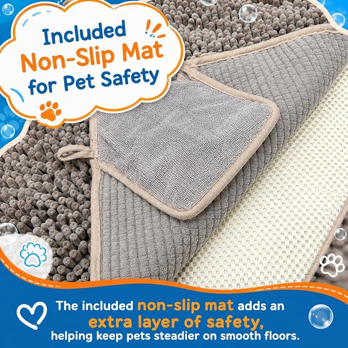 Pet 2-in-1 Dog Towel & Mat – Transforms from Drying to Bath Mat, Ultra Soft, Absorbent & Quick-Drying, Machine Washable Dog Towels with Detachable Non-Slip Mat and Hand Pockets (Large)