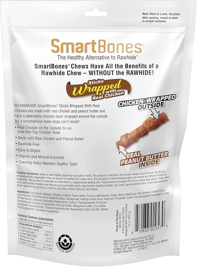 SmartBones Chicken-Wrapped Sticks, Treat Your Dog to a Rawhide-Free Chew Made With Real Chicken and Peanut Butter, 7 Ounce (Pack of 1)