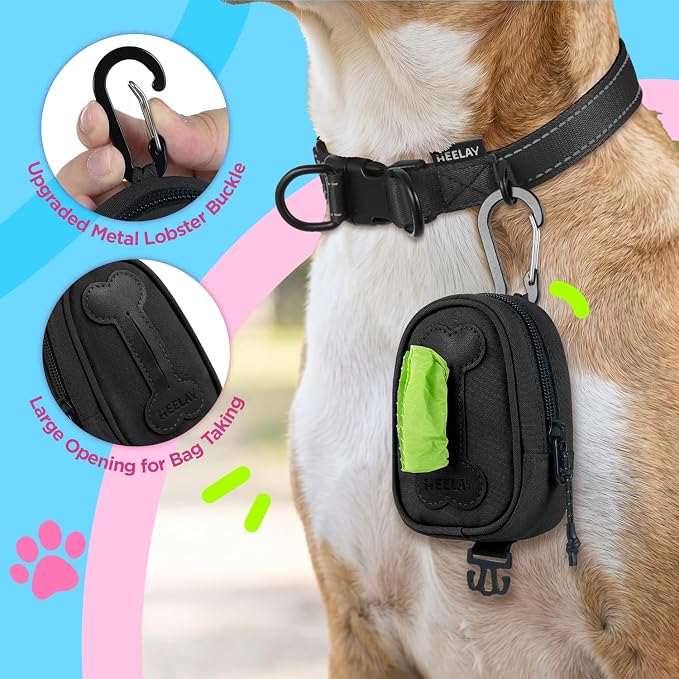 Dog Poop Bag Holder, Hands Free Cute Dog Poop Bag Dispenser for Leash with Big Opening Pet Waste Bag Holder Zippered Pouch with Carabiner Hook Waterproof Pet Poop Bag Holder Black