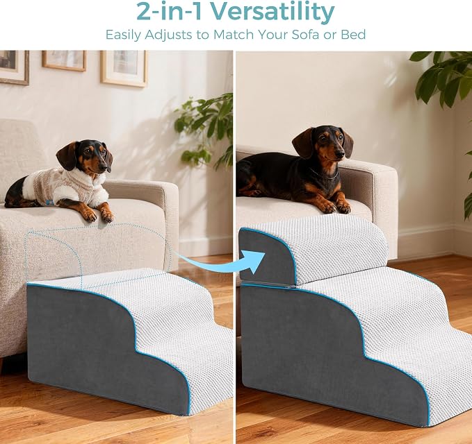 Dog Stairs, Steps and Ramp for High Bed & Sofa, 13-24" H Detachable Pet Stairs for Small Medium Dogs, Sturdy 40D Foam, Non-Slip, Washable Cover with Lint Roller, Grey
