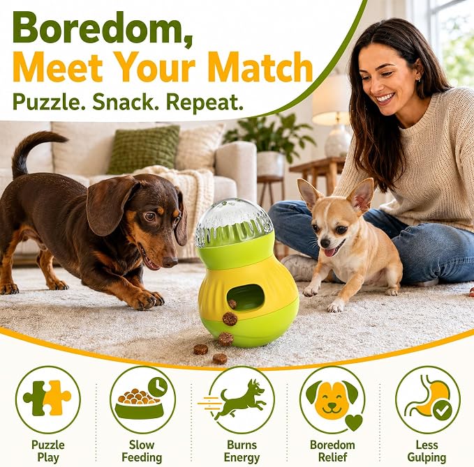 HCY&WLD Dog Interactive Puzzle Toy Adjustable Treat Dispensing Ball (Green) | Sturdy Material, Self-Righting Wobble Base, Indoor Enrichment, Slow Feeder, Smarter Play, Mental Stimulation, Boredom Buster