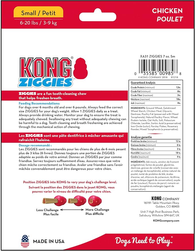 KONG Classic Toy & Ziggies Treats Combo Pack - Durable Chew Toy for Dogs - with Ziggies Chicken-Flavored Treats - Dog Accessories for Fun & Health - for Small Dogs