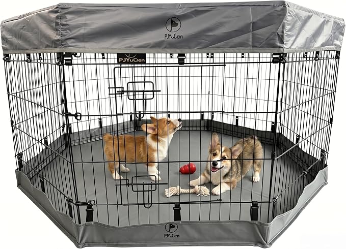 PJYuCien Octagonal Dog Playpen with Top Cover and Bottom Pad - Metal Foldable Exercise Pen, 8 Panels 30" H x 24" W Indoor Outdoor Pet Fence Puppy Crate Kennel, Gray