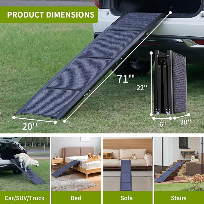 Dog Ramp for Car, 71'' L x 20'' W Dog Ramps for Large Dogs, Extra Wide Pet Ramp with Non-Slip Surface for Medium & Large Dogs to Get in Car, SUV & Truck, Supports Up to 300 Lbs