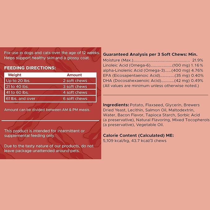 Omega 3 Fish Oil for Dogs, Bacon Flavor - 360 Soft Chews for Skin and Coat
