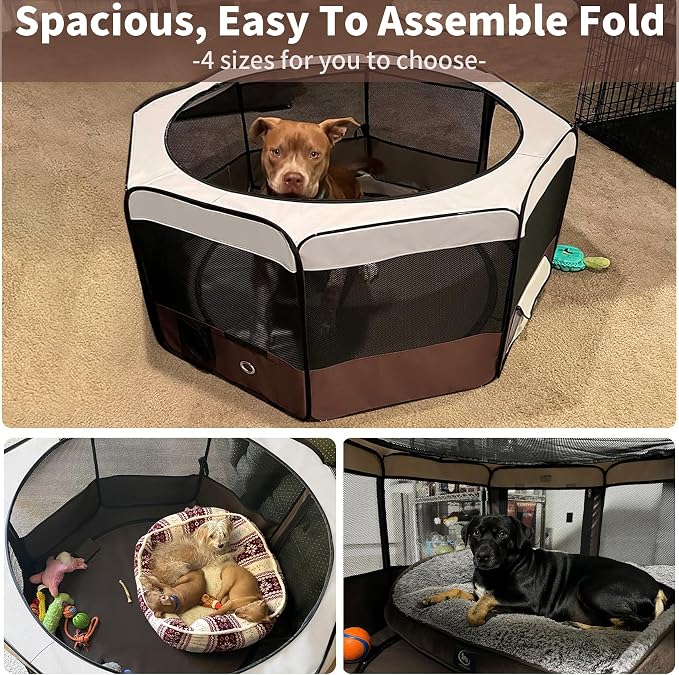 DONORO Dog Playpen Portable Pet Play Pens for Small Dog/Cat/Rabbit/Chicks, Cat Playpen Indoor/Outdoor with Carring Case, Removable Zipper Top and Bottom (Brown, Small (28"x28"x14"), 8)