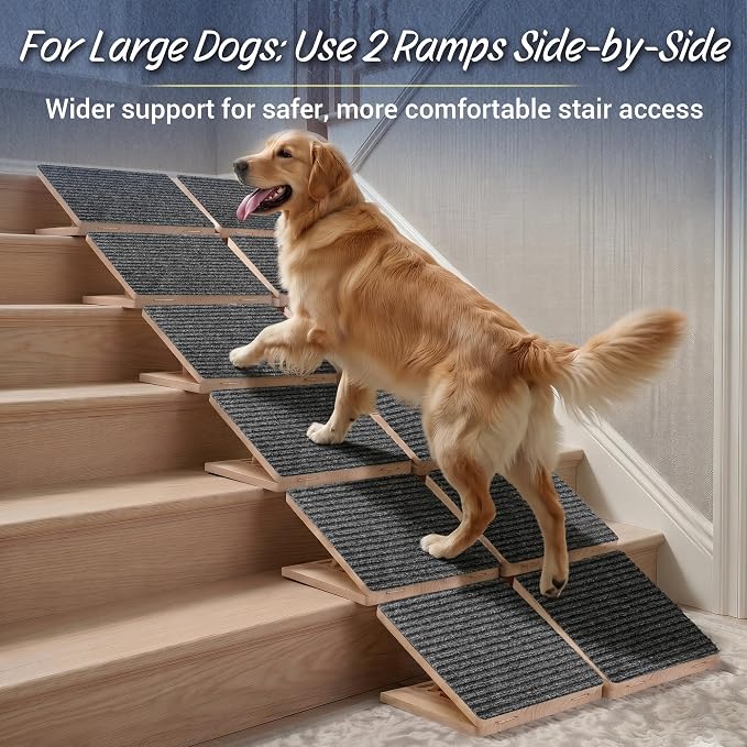Dog Ramp for Stairs 2 Pack - Adjustable Wooden Stair Wedges for Small Dogs, Foldable Indoor Dog Stair Ramp with Triangular Support and Non-Slip Pads for Senior and Short-Legged Pets