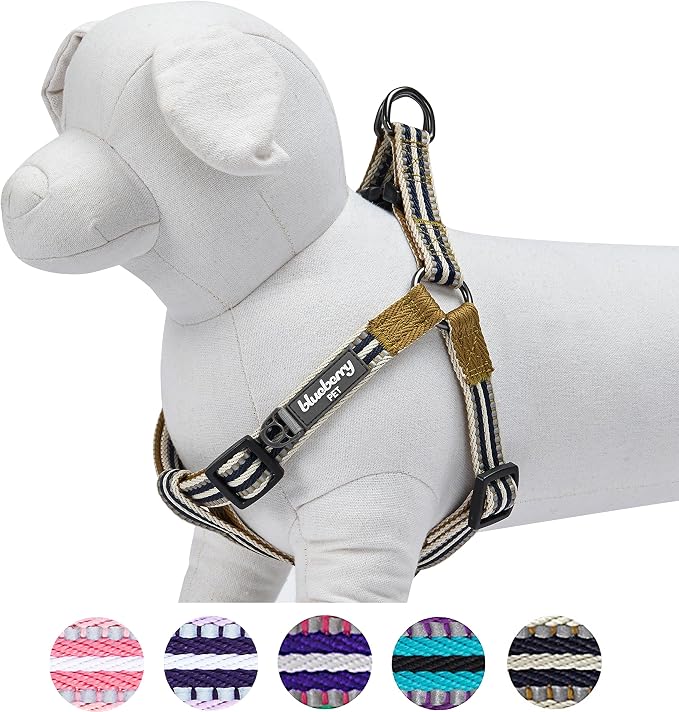 Blueberry Pet 5 Colors Step-in 3M Reflective Multi-Colored Stripe Padded Dog Harness, Chest Girth 26" - 39", Olive & Blue-Gray, Large, Adjustable Harnesses for Dogs