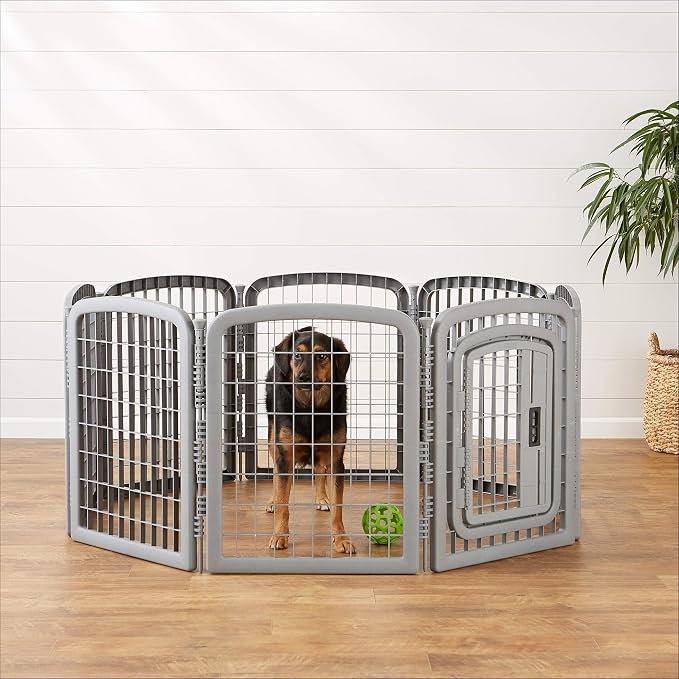 Amazon Basics 8-Panel Octagonal Plastic Dog Playpen, Indoor/Outdoor Pet Fence with Gate, Exercise Pen for Puppies and Small Animals, 28 inches, Grey