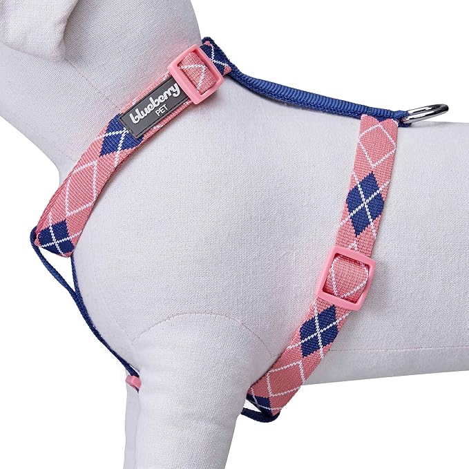 Blueberry Pet Scottish Argyle Dog Harness, Pink, Medium, Adjustable Harnesses for Dogs