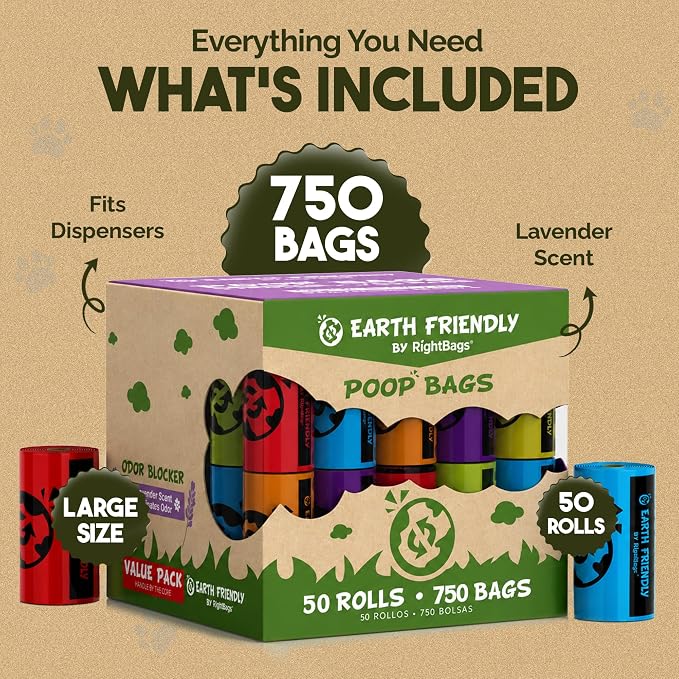 Earth Friendly Dog Poop Bags, 750 Count - Extra Thick, Leak-Proof, Lavender Scented Dog Poop Bags with Odor Blocker - Eco-Friendly, Tear-Resistant, 9x13 Inch Bags for Large & Small Dogs - 50 Rolls