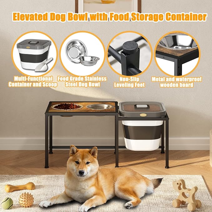 Elevated Dog Bowls with Storage Container ,Raised Dog Bowls for Large Dogs,15-18 lb Airtight Dog Food Storage Container, Adjustable Height Feeding Station