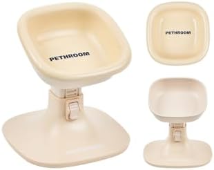 PETHROOM Elevated Dog Bowl with Adjustable Stand – Ceramic Pet Bowl for Dogs & Cats, 4.5–7.4 in Height, 0–22° Tilted, Non-Slip, Beige Stand with Cream Bowl