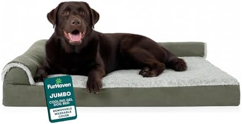 FurHaven Cooling Gel Dog Bed for Large Dogs, L-Shaped Chaise with Cool Gel-Top Foam with a Solid Orthopedic Foam Base for Joint Support, Washable Cover, Jumbo XL, Plush Faux Fur & Suede, Dark Sage