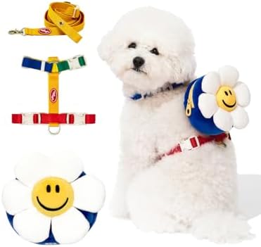 PETHROOM × Wiggle Wiggle Smile We Love Dog Backpack Harness with Leash – Cute Flower-Shaped Mini Backpack, No-Pull Adjustable Harness for Small Medium Dogs, Ideal for Travel, Camping & Hiking (Large)