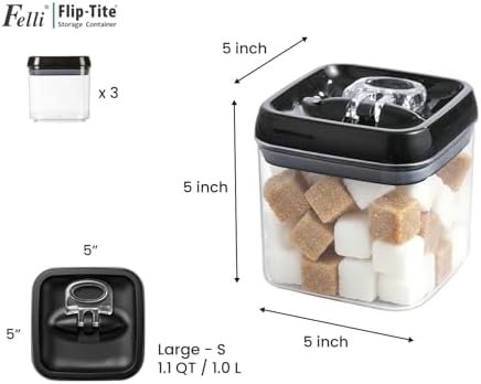Felli Flip Tite Food Storage Container 5" LARGE Size Airtight Lid Lock Top, Stackable Kitchen Canister for Space Saving, Pantry Fridge Cupboard Organizer, Spice Seasoning Pet Treats Snack (1.1 qt)