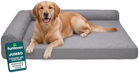 Furhaven Cooling Gel Dog Bed for Large Dogs w/ Removable Bolsters & Washable Cover, For Dogs Up to 95 lbs - Pinsonic Quilted Paw L Shaped Chaise - Titanium, Jumbo/XL