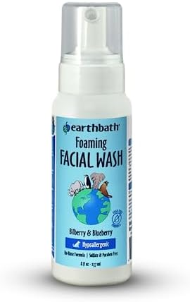 earthbath, Foaming Facial Wash - Dog Face Wash, Hypoallergenic, Tear Free Formula, Sulfate & Paraben Free, Cruelty-Free, Vegan, Gluten-Free, Bilberry & Blueberry Facial for Dogs & Cats - 8 Oz