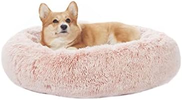 Bedfolks Calming Fluffy Donut Dog Bed for Medium Dogs,Pink, 30" Round