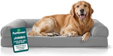 FurHaven Cooling Gel Dog Bed for Large Dogs, L-Shaped Chaise with Cool Gel-Top Foam with a Solid Orthopedic Foam Base for Joint Support, Removable Washable Cover, Jumbo XL, Plush & Suede, Stone Gray