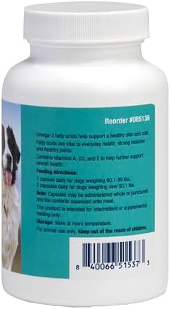Covetrus Omega-3 Soft Gels for Large Dogs – Essential Fatty Acids with Vitamins A, E & D3 – Skin, Coat & Joint Supplement – 60 Count
