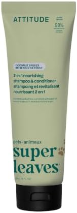 Attitude 2-in-1 Pet Shampoo and Conditioner, Dog & Puppy Shampoo with Argan Oil for Soft Shiny Coat, Gentle Nourishing Grooming Wash, Vegan, Coco Breeze Scent, 8 Fl Oz