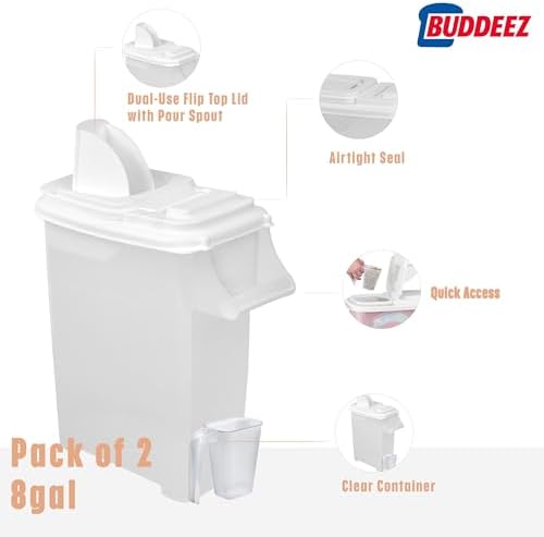 Buddeez Pet Food Storage Dispensers, 2-Pack, 8 Gallon, White Lid