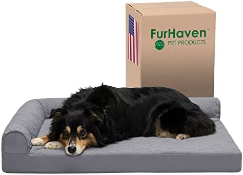 Furhaven Cooling Gel Dog Bed for Large/Medium Dogs w/ Removable Bolsters & Washable Cover, For Dogs Up to 55 lbs - Pinsonic Quilted Paw L Shaped Chaise - Titanium, Large