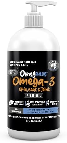 100% Pure Fish Oil for Dogs & Cats (1,545mg Omega 3 per Teaspoon) 8oz. Loaded with EPA & DHA for Joints, Skin & Coat, Itching, Heart & Immune Health. Stronger Than Salmon Oil. Unflavored Omegease.
