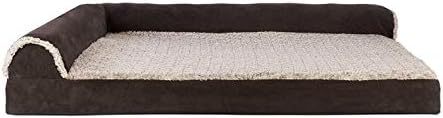Furhaven Cooling Gel Dog Bed for Large Dogs w/ Removable Bolsters & Washable Cover, For Dogs Up to 95 lbs -Two-Tone Plush Faux Fur & Suede L Shaped Chaise- Espresso, Jumbo/XL, 40.0"L x 32.0"W x 8.0"Th
