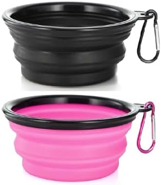 Collapsible Pet Bowl Set with Carabiner Clip, Pink & Black